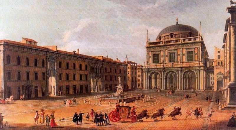 3B. Piazza della Loggia en Brescia 1756 - FRANCESCO BATTAGLIOLI En la reproducción propuesta: Indique: Sistema de representación, señalando la línea del horizonte y los puntos de fuga, si existen.