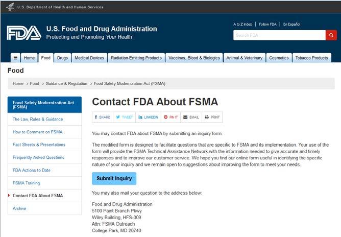 Si tiene consultas sobre la FSMA Sitio web: www.