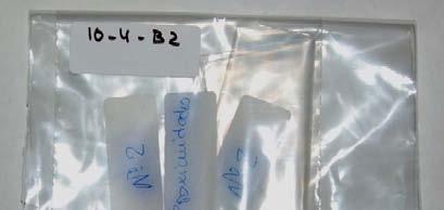 M-10-4-B-2 Sustancia blanquecina quebradiza contenida en una bolsa de plástico etiquetada Nº 2 / Proximidades, dentro de otra bolsa, con un peso bruto de 9,9 gramos, situada, junto a las bolsas que