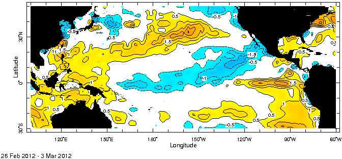 Estado de fenómeno ENOS Boletín Meteorológico Mensual. Marzo 212 Figura 2. Variación espacial de las anomalías de temperatura en el océano Pacífico correspondiente al mes de marzo del 212.