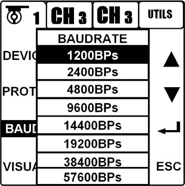 Por ejemplo, seleccione PELCO-D. Seleccionar la tasa de baudios Presione BAUDIOS (Baud) para activar la lista de selección de Tasa de baudios.