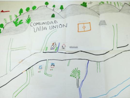 3. Croquis de la comunidad La comunidad de Villa Unión se identifica a sí misma también por el territorio que comparte, por el entorno físico en el cual viven la colectividad.