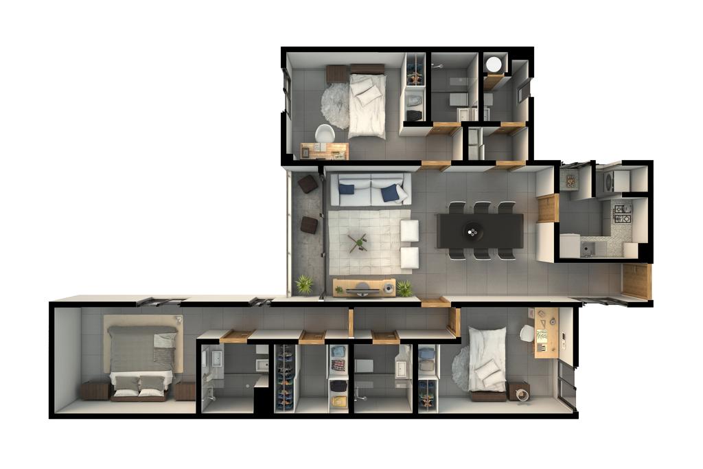 3 dormitorios Living comedor, balcón, cocina definida, amplio lavadero, baño social, 2 dormitorios secundarios en suite con placard y dormitorio principal en suite con vestidor.