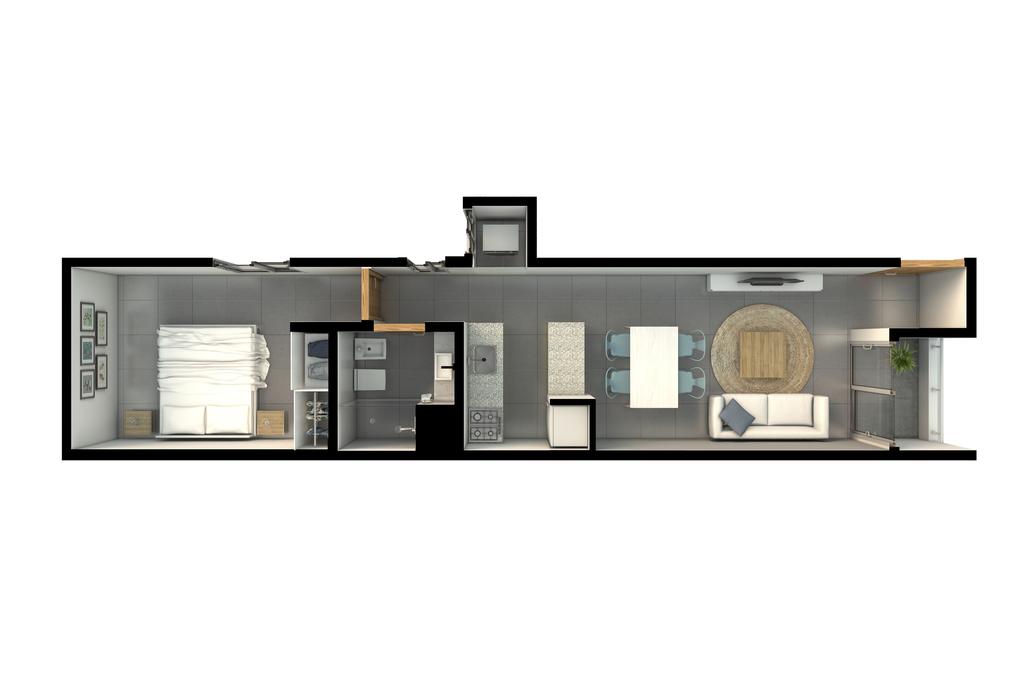1 dormitorio Living comedor, balcón, cocina integrada, lavadero, baño completo, dormitorio principal con placard.