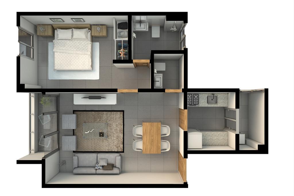 1 dormitorio + Living comedor, balcón, cocina definida, amplio lavadero, baño social, dormitorio principal con placard.