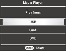 REPRODUCTOR DE MEDIA 1. Reproductor de Media En el menú principal, seleccionar Media Player. Seleccionar de USB, Card o DVD.