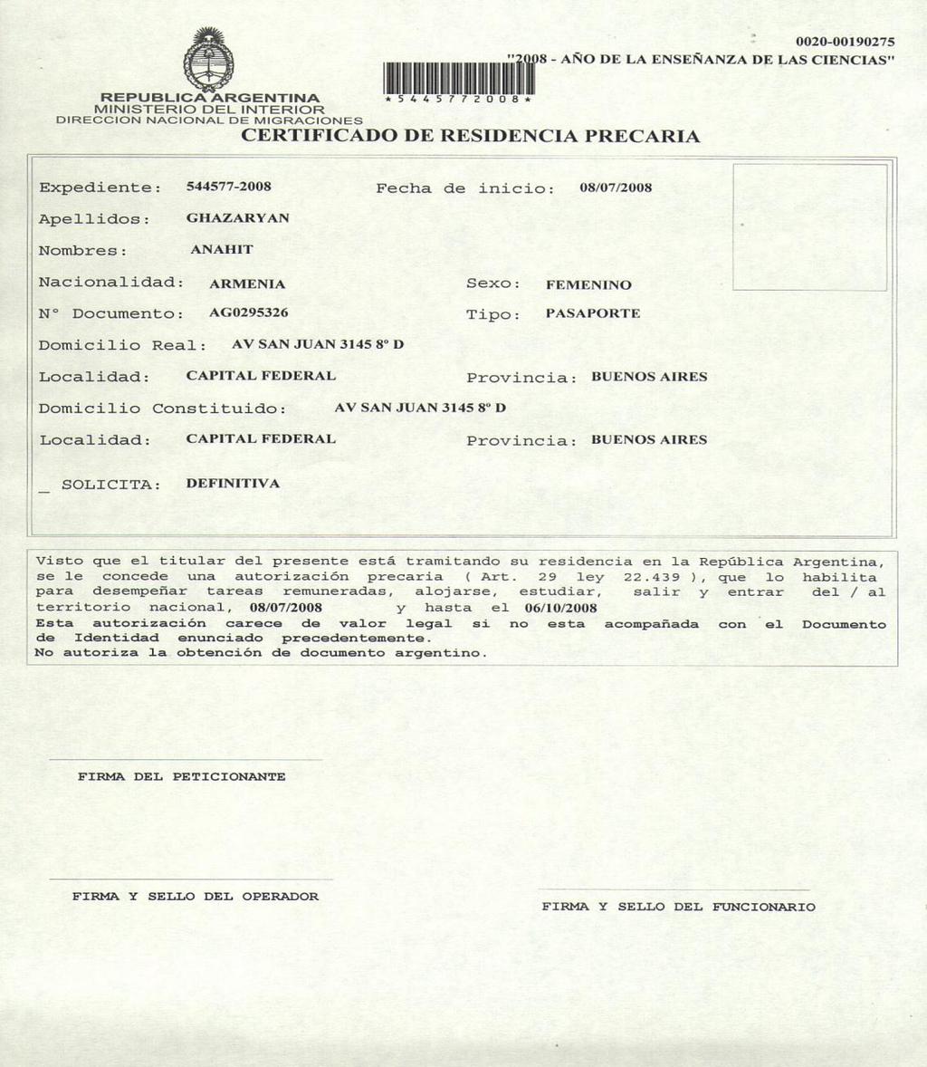 Certificado de Residencia Precaria (Art. 20 de la Ley 25.