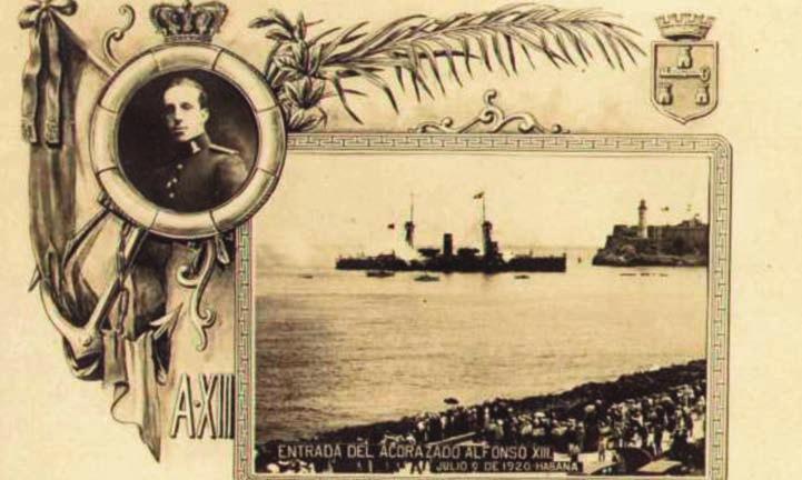 El Alfonso XIII rindiendo honores reglamentarios en su entrada a la capital antillana. Fue el primer buque «de combate» que llegó a la isla tras la guerra. acorazado, de la Habana.