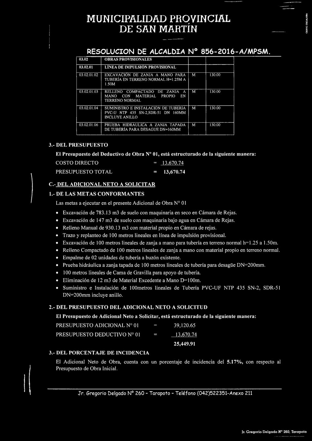 04 SUMINISTRO E INSTALACIÓN DE TUBERIA PVC-U NTP 435 SN-2,SDR-51 DN 160MM INCLUYE ANILLO 03.02.01.