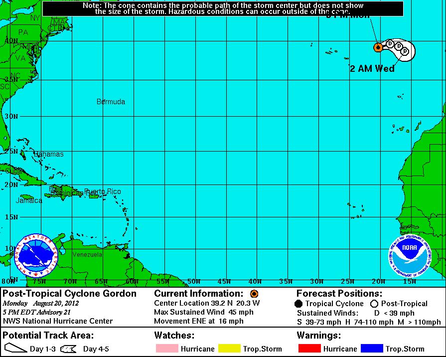 Imagen 9. A las 21:00 UTC del lunes 20 de agosto, Gordon comienza a disiparse al oeste de las Azores como depresión post-tropical, a 1.