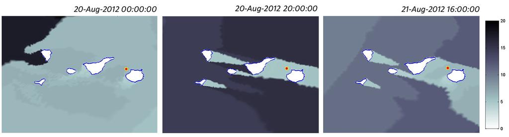 Gran Canaria (Red Exterior) y la Boya de Santa Cruz (Red Costera), los instrumentos registraron un aumento en el período de pico a partir del 16 de agosto de 2012, especialmente en la boya de Gran