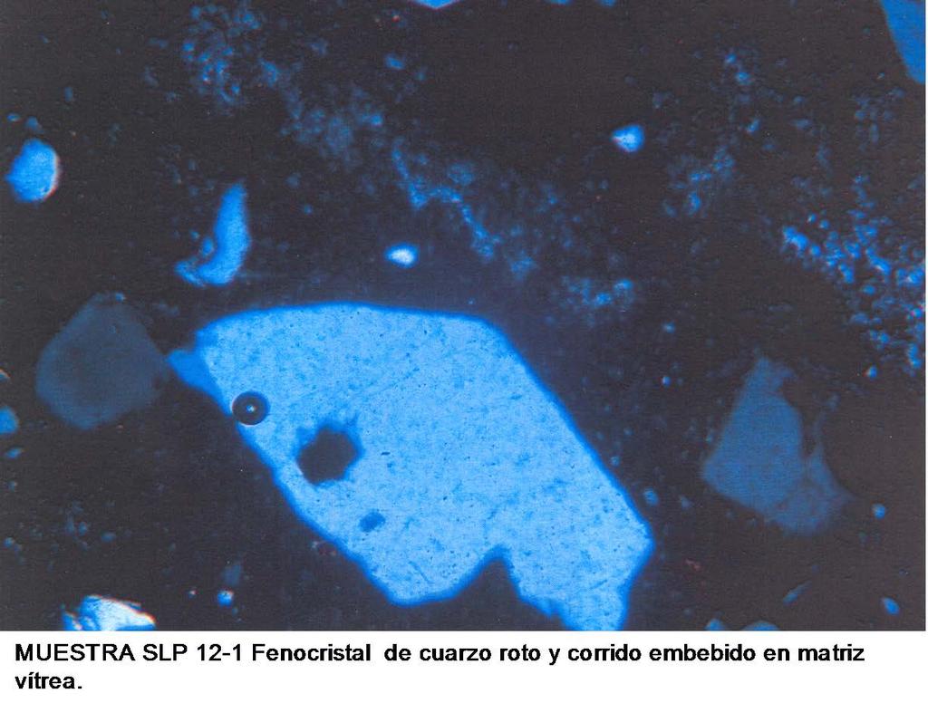 Clave Minerales Principales Forma Relaciones Y Asociaciones SLP 012-1 Finamente diseminado en la matriz y Cuarzo de 25 a 50 % Anedral como fenocristales rotos y parcialmente corroídos.