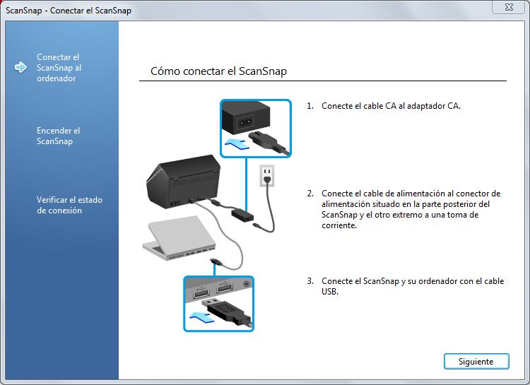 Instalar en Windows 12. Siga las instrucciones mostradas en la pantalla para verificar la conexión entre el ScanSnap y el ordenador.