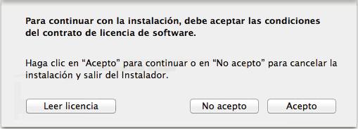 Instalar en Mac OS 8. Para aceptar los términos del contrato de licencia, haga clic en el botón [Acepto]. aaparecerá la pantalla [Instalación estándar en "nombre del disco"]. 9.