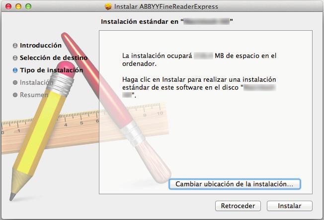 Instalar en Mac OS 5. Haga doble clic en el icono [ABBYYFineReaderExpress]. aaparecerá la ventana [Instalar ABBYYFineReaderExpress], mostrando la pantalla [Instalador de ABBYYFineReaderExpress]. 6.