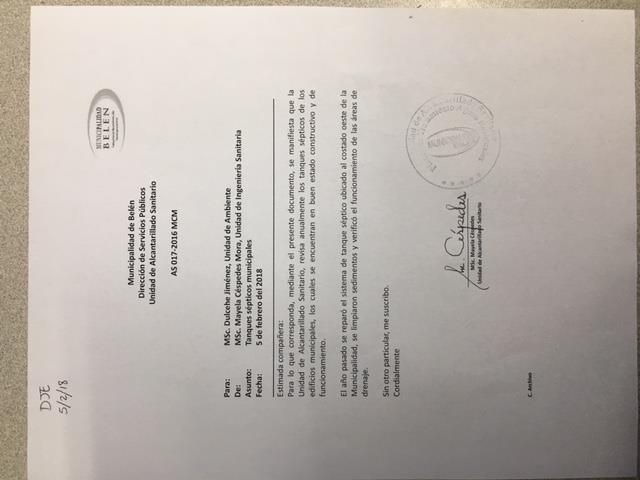 Fotografía Nº22. Certificación de la Unidad de Alcantarillado Sanitario. Municipalidad de Belén. 2017. b. Gestión externa 4.