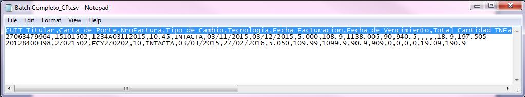 3. Formato de Archivo En el formato del archivo (CSV) los decimales tienen que ir con puntos (.) Y la separación de campos con comas (,). Para generar el Archivo.