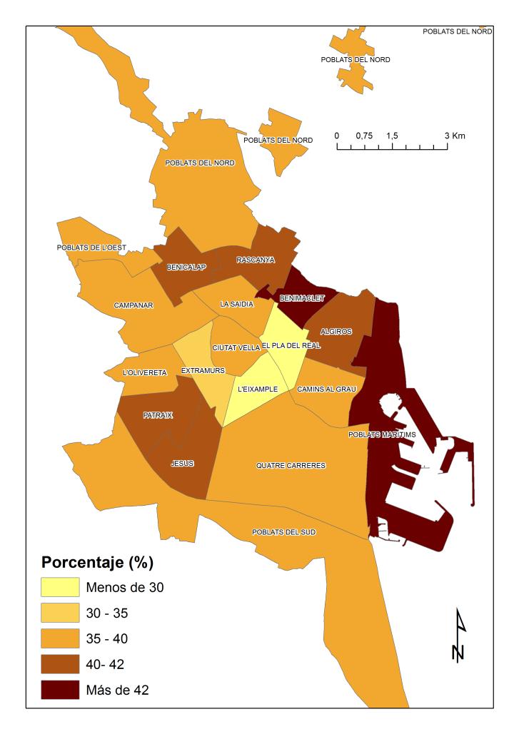 el total del barrio) Porcentaje de votos concedidos a los partidos Compromís,