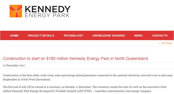 Proyecto real: Viento+Solar+Baterías en 2018 Kennedy Energy Park: