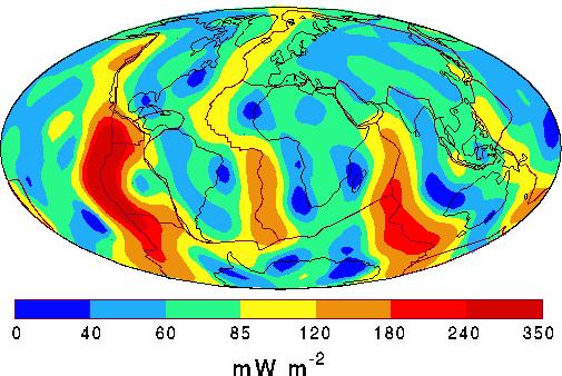 Comparación del flujo de calor neto superficial y el flujo de calor a través del fondo marino Flujo de calor geotérmico: Notar que los valores máximos (mayores