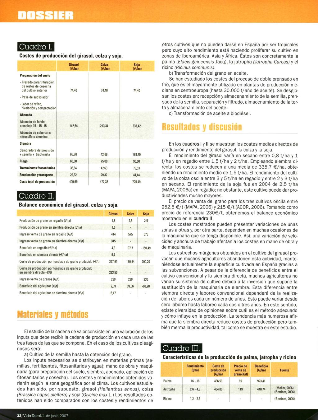DOSSIER Cuadro I. Costes de producción del girasol, colza y soja.