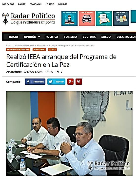 Realizó IEEA arranque del Programa de Certificación en La Paz BAJA CALIFORNIA SUR (13/jul/2017).