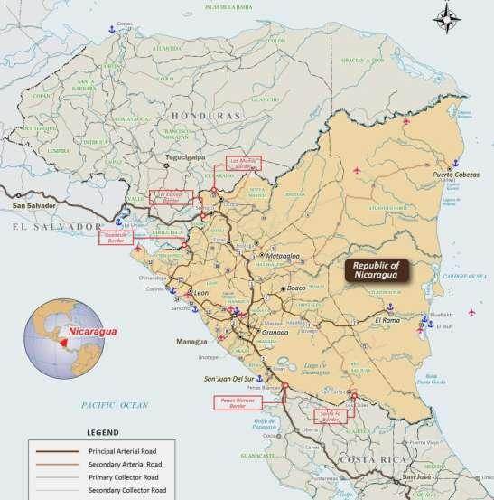 INFRAESTRUCTURA DE TRANSPORTE EN NICARAGUA 6 Puertos Internacionales Puertos Nacionales lacustres y fluviales Vías Navegables Aeropuertos: 1 internacional 10 de uso local 24,138 Km de vías