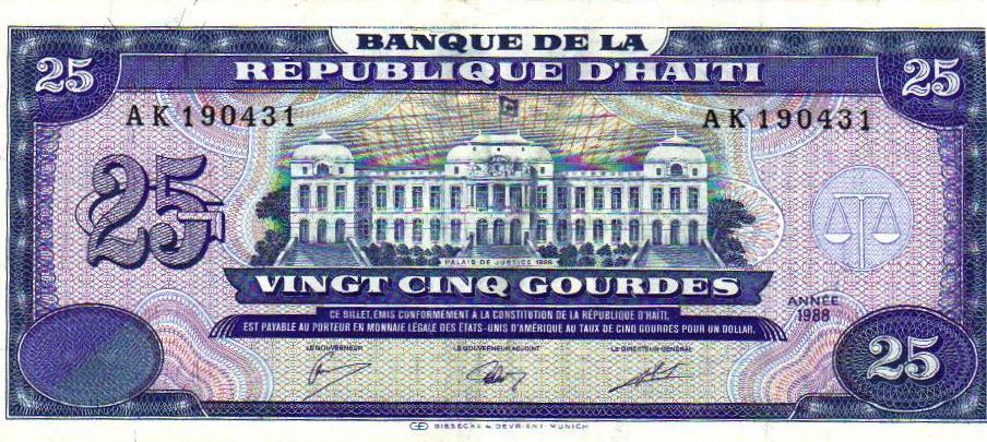 25 gourdes, República de Haití, 1988 Posteriormente, en el 2001, el Banco de la República de Haití se sumó a la celebración del bicentenario de su constitución,