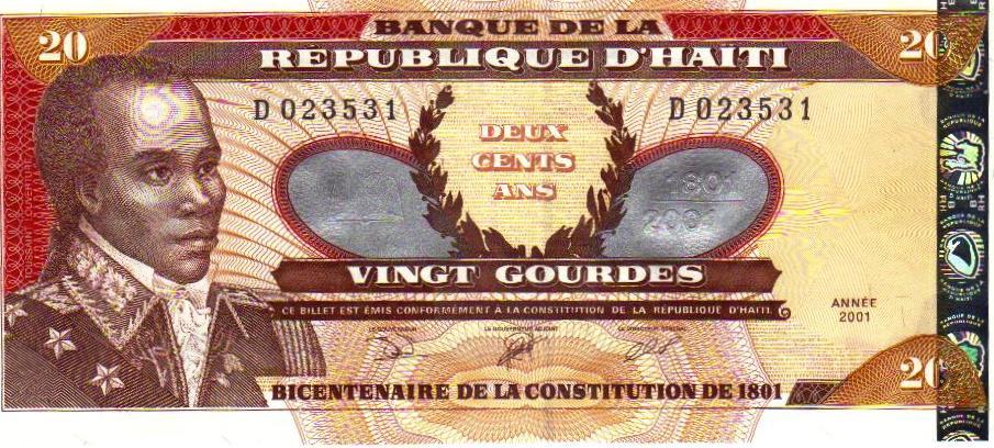 20 gourdes, República de Haití, 2001 También tenemos una moneda, en la que aparece una vista del