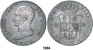 F 1984 1808. Madrid. AI. 20 reales. (Cal. 23). Plata ligeramente agria. Bonita pátina. Muy escasa. MBC+. Est. 400.