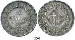 F 2005 1808. Barcelona. 5 pesetas. (Cal. 13). Bonita pátina de monetario. Escasa. MBC+. Est. 400.
