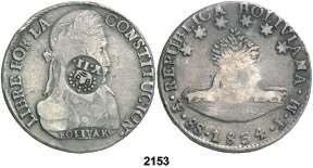 F 2153 1836. Manila. 1 peso. Resello Y. II bajo corona (De Mey 1001), sobre ocho reales de Bolivia, Potosí 1834, LM. Pátina. Rara. MBC. Est. 250.................... 125, F 2154 1834. Manila. Resello Y II bajo corona (De Mey 1001) sobre 1 peso de Chile 1834.