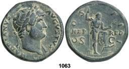 RED. (en campo) COS III (alrededor) S. C. Neptuno en pie, con tridente y acrostolium, posando el pie sobre una proa. 24,83 grs. Pátina verde. EBC-. Est. 500.. 250, F 1064 s/d. Adriano. Sestercio. (Co.