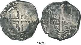 F 1482 1687. Potosí.. 8 reales. (Cal. 372). Doble fecha. Escasa. MBC-. Est. 225.