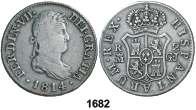 F 1682 1814. Madrid. GJ. 2 reales. (Cal. 916). Primer año de busto laureado. BC+/MBC-. Est. 50.. 30, 1683 1815. Madrid. GJ. 2 reales. (Cal. 917). BC/BC+. Est. 30...................... 18, 1684 1816.