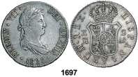Falsa de época en plata. BC. Est. 30....... 18, 1690 1821. Madrid. FA. 2 reales. (Barrera 554). 4,4 grs. Falsa de época en alpaca. Ensayador imposible. BC. Est. 30........................................ 18, 1691 1822.