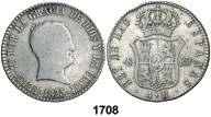 No figuraba en la colección de 2 reales, Áureo abril 2003. Hojitas. Escasa. BC/BC+. Est. 60.......................... 30, F 1708 1823. Sevilla. RD. 4 reales. (Cal. 1030). Tipo cabezón. Rara.