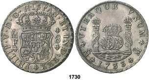 000, F 1730 1733. México. MF. 8 reales. (Cal. 776). Columnario. Bella. Preciosa pátina.
