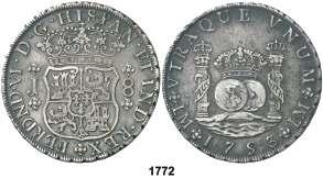F 1772 1753. Lima. J. 8 reales. (Cal. 308). Columnario. Punto sobre las dos LMA. Escasa.