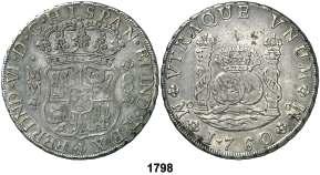 F 1798 1760. México. MM. 8 reales. (Cal. 346). Columnario. MBC-. Est. 200............... 110, F 1799 1754. Madrid. JB.
