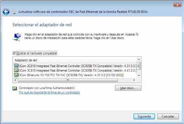 Instalación para Windows Vista Figura 5.6 Selección del adaptador de red.. Haz clic en el adaptador de red que coincida con tu hardware y después en Siguiente.