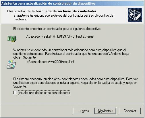 Instalación para Windows 2000 Figura 7.7 Especificar ubicación Windows mostrará una pantalla informando del resultado de la búsqueda del controlador en la ubicación especificada. Pulsa Siguiente.