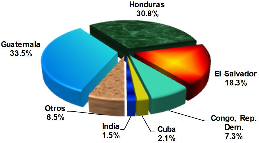 La gran mayoría de tales extranjeros presentados corresponde a nacionales de Guatemala (34%), Honduras (31%) y El Salvador (18%).