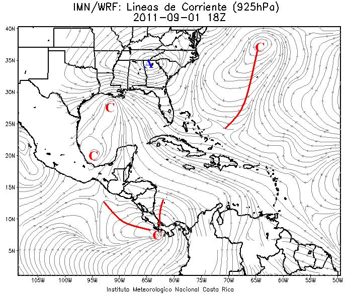 A la derecha análisis de superficie de las 6 a.m. del 1 setiembre, se observa a la vaguada monzónica en la latitud 1 N.