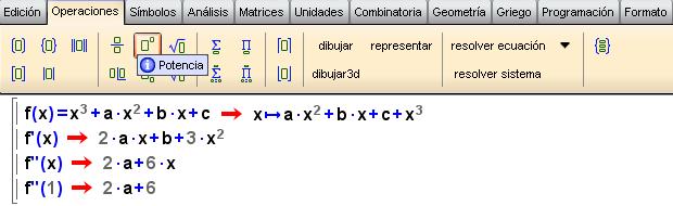 Para calcular la primera derivada, escribimos f (x), para la segunda f (x) mientras que para sustituir el punto x=1 en la función derivada dos veces, f