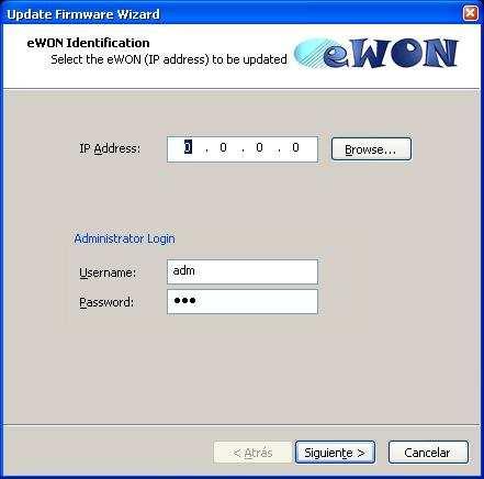 Ahora, se puede escribir directamente la IP de la LAN del ewon que se quiere actualizar o se puede ojear los