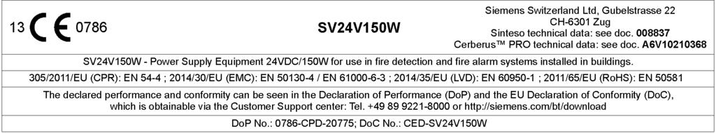 0786 FC2030-AA / FC2030-CC / FC2030-FA 305/2011/EU (CPR): EN 54-2 / EN 54-4 ; 2014/30/EU (EMC): EN 50130-4 / EN 61000-6-3 ; 2014/35/EU (LVD): EN 60950-1 ; 2011/65/EU (RoHS): EN 50581 The declared