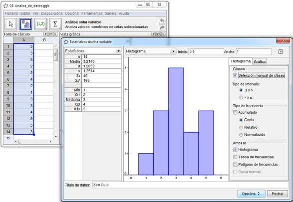Exemplo 3: Análise de datos Tarefa: Crear un histograma e avaliar media, mediana, min. e max. dun conxunto de valores.