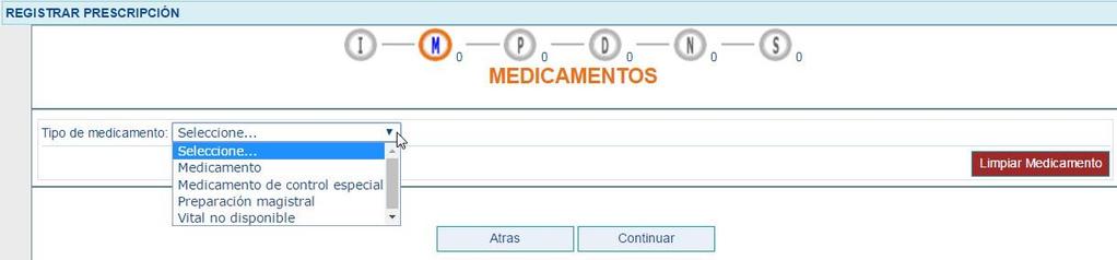 Al seleccionar la opción Medicamento del campo Tipo de Medicamento, se habilita automáticamente la barra de indicación secuencial, la cual muestra el número de la pregunta de causas de solicitud que
