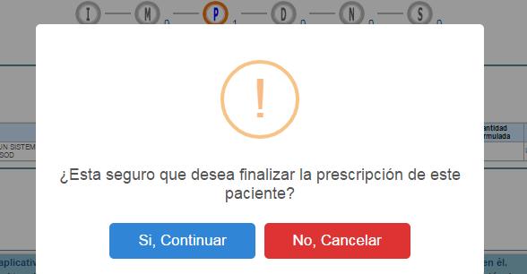 Si está seguro de finalizar la prescripción del paciente, presione el botón Si, Continuar del anterior mensaje, el aplicativo asignará el número de solicitud de la prescripción y se activa el icono